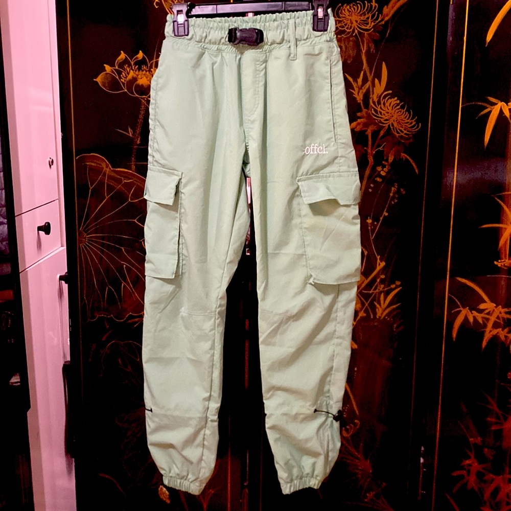 Boohooman teal parachute pants